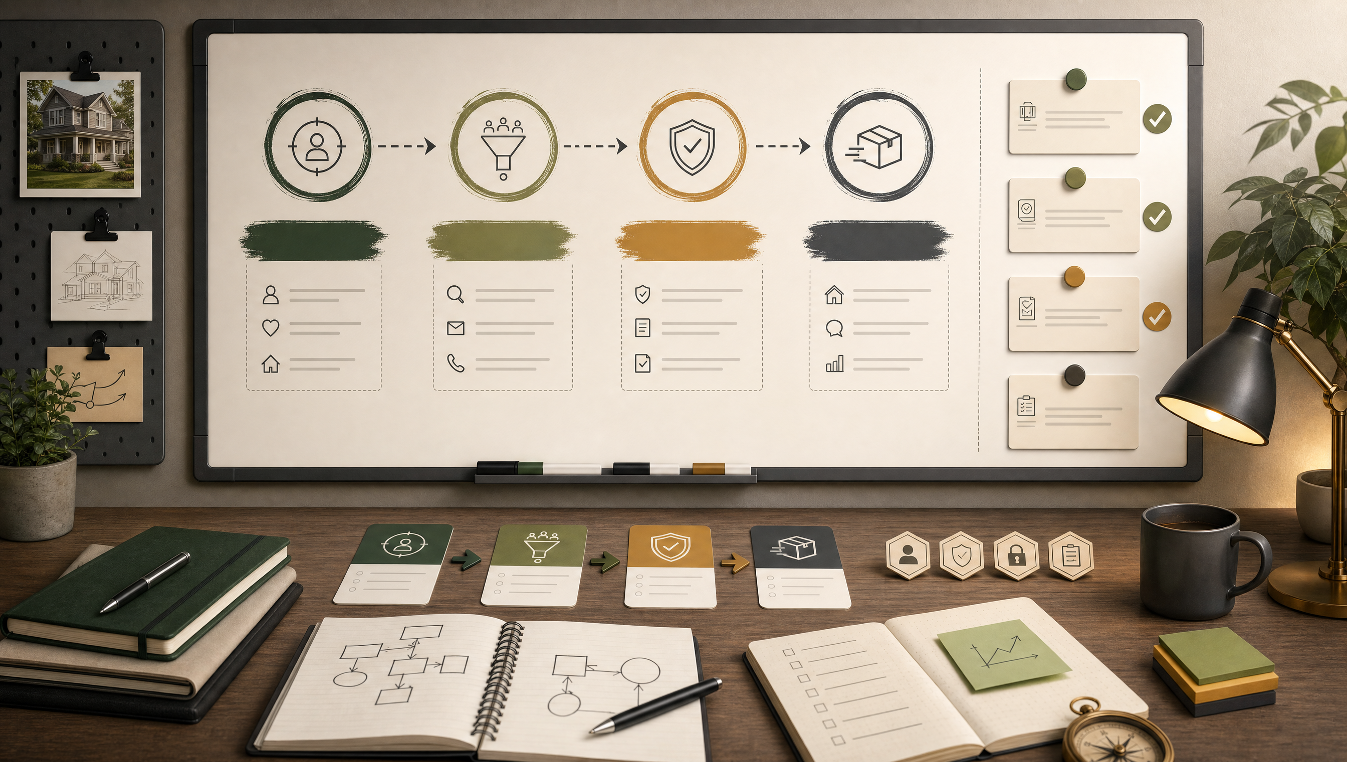 Premium Realtor operating room desk with planning cards and safe AI approvals